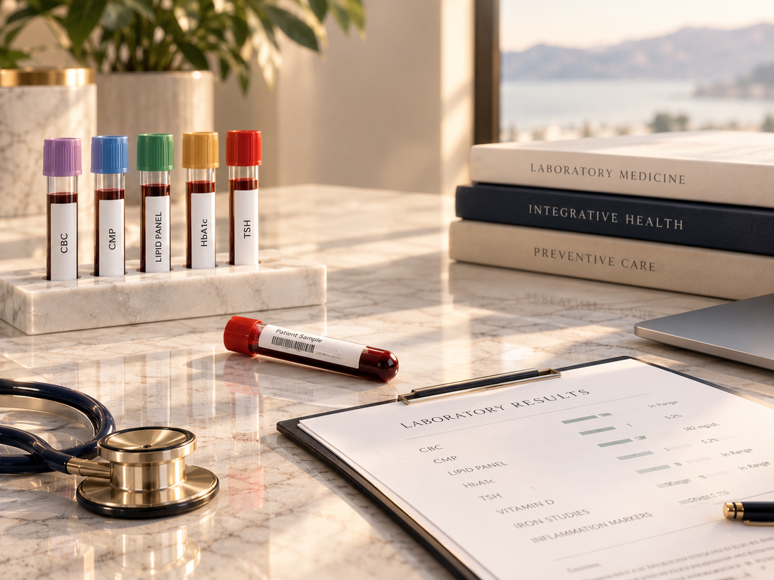 medical laboratory blood testing setup with labeled blood sample tubes, cholesterol and A1C test results, stethoscope, and clinical reports, illustrating biomarker analysis, bloodwork interpretation, and personalized preventive wellness care.