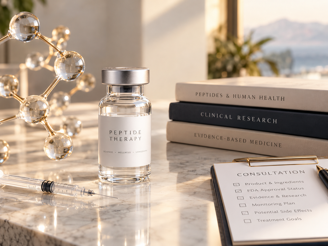 Luxury peptide therapy consultation setup featuring a peptide vial, molecular model, and medical research books on a marble surface, illustrating peptide treatment options, clinical evidence, and wellness consultation.