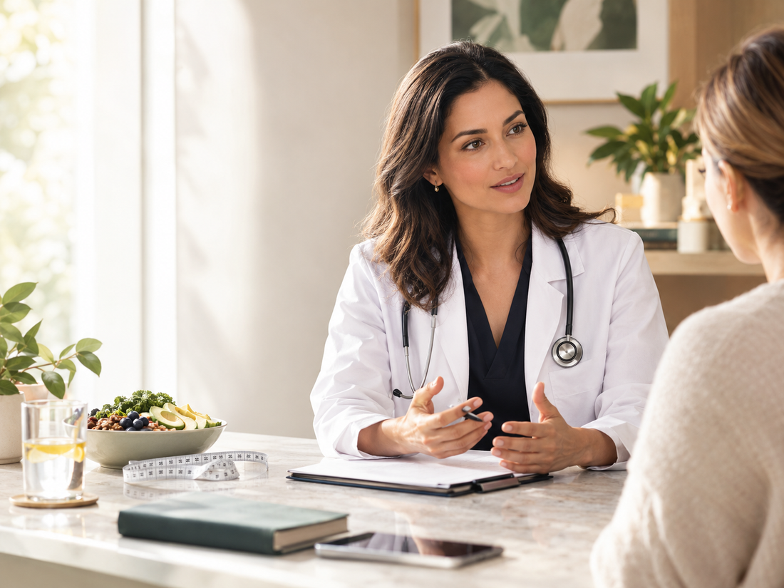 Medical weight management consultation with a doctor discussing personalized treatment options, nutrition, and healthy lifestyle planning in a modern wellness clinic.