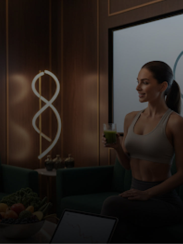 Woman holding a drink in a dimly lit room with a logo in the corner