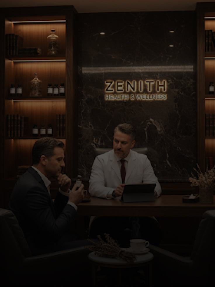 A dimly lit wellness office scene with two men seated at a table in front of a dark marble wall featuring the illuminated brand name ZENITH HEALTH & WELLNESS.