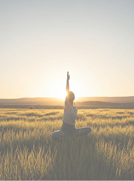 Person practicing yoga in a field with the sun setting - Summer Rest 