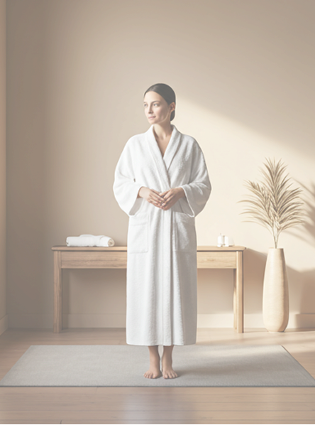 Woman in a white bathrobe standing in a minimalistic room with a wooden desk and plant -  Women's Hormone Balance 