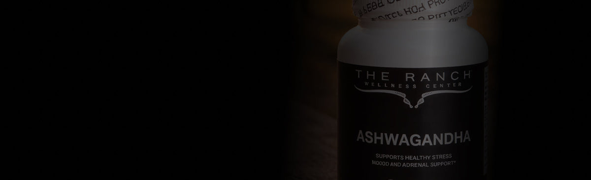 A dark bottle labeled 'THE RANCH NATURAL HERBS ASHWAGANDHA' on a black background. Collection hero